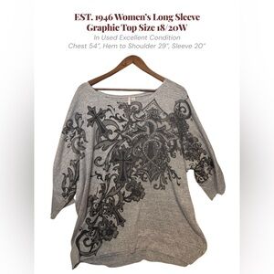 EST 1946 Gray Graphic Sweater 18/20W Black Design Plus Size Casual Top